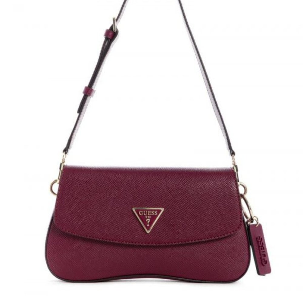 Guess Cordelia Flap Shoulder Baguette Bag in Burgundy/Maroon/Dark Red/Mulberry